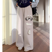 百搭直筒卫裤 森女部落甜美风设计感小熊猫加绒高腰休闲裤 女新款 冬