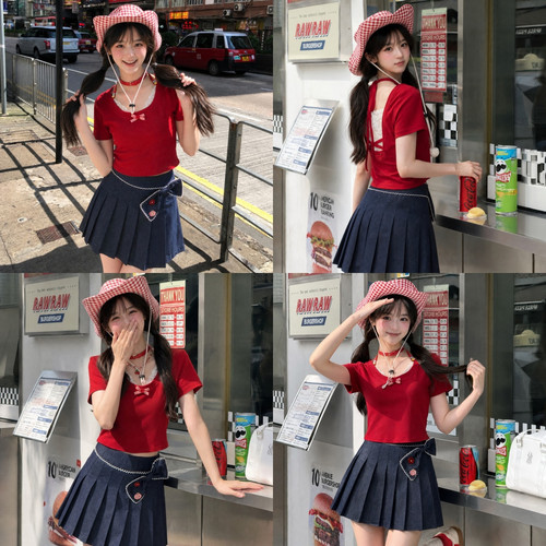 森女部落修身红色短袖T恤女2026夏季可爱设计感正肩短款上衣新款