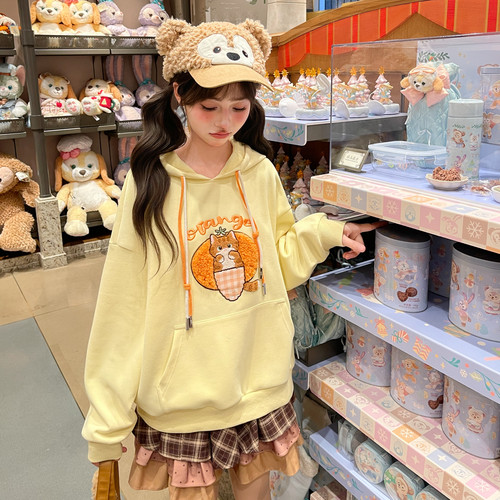 森女部落甜美橘猫刺绣连帽卫衣女2026新款宽松显瘦百搭上衣冬季