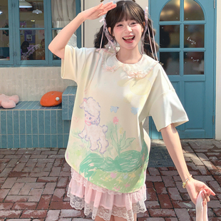 森女部落童趣可爱风小羊原创印花减龄夏季 上衣宽松休闲T恤女 短袖