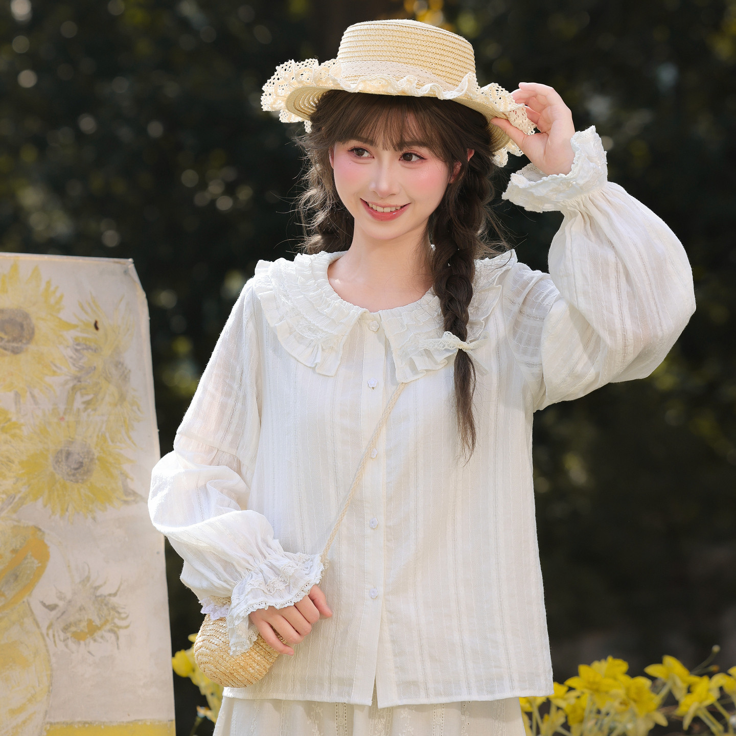 森女部落蕾丝少女感白色长袖衬衫女上衣2026秋新款内搭娃娃领衬衣