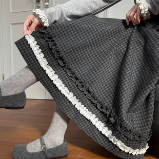 森女部落学院风百搭高腰半身裙女新款 蕾丝拼接直筒格子A字裙冬季