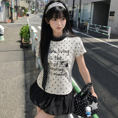 森女部落修身波点T恤女2026新款白色正肩短袖可爱小狗印花上衣夏