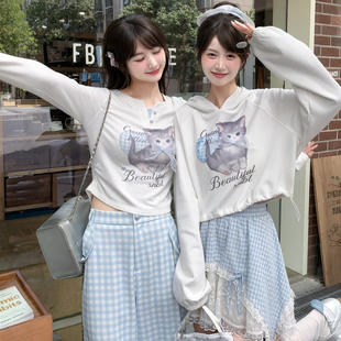 森女部落宽松套头秋季 薄款 长袖 上衣卡通猫咪连帽卫衣女2025新款