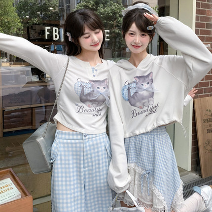 森女部落宽松套头夏季薄款长袖上衣卡通猫咪连帽卫衣女2025新款