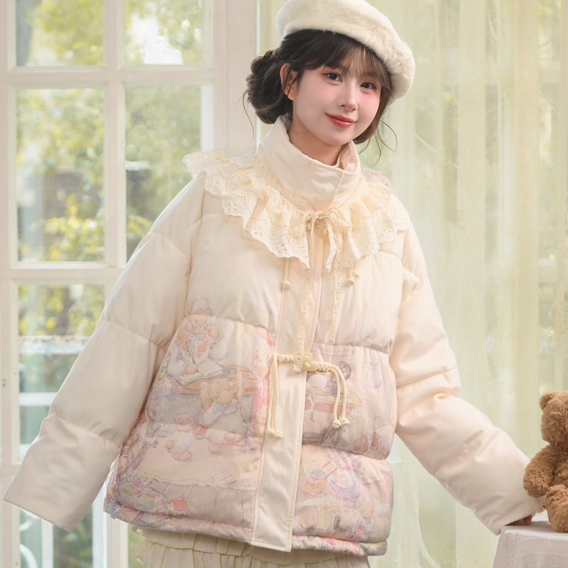 森女部落甜美风童话印花棉服女2025新款设计感宽松立领保暖外套冬