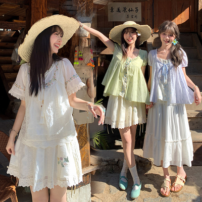 森女部落甜美假两件镂空设计感宽松衬衫女2026新款百搭纯棉上衣夏