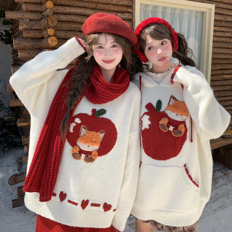 森女部落甜美风百搭宽松圆领毛衣女设计感新款卡通刺绣针织衫秋冬