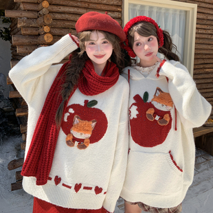 森女部落甜美风百搭宽松圆领毛衣女设计感新款 秋冬 卡通刺绣针织衫