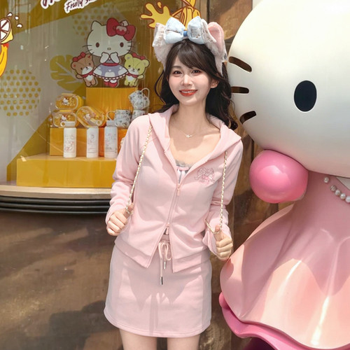 甜美风樱桃刺绣加绒粉色连帽外套