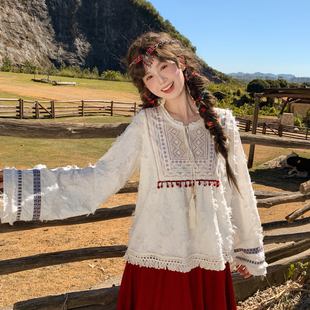 森女部落民族风流苏设计感刺绣圆领衬衫 秋百搭宽松上衣 女2025新款
