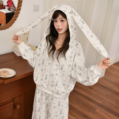 森女部落甜美风兔耳连帽外套女春季新款宽松显瘦萌趣印花百搭卫衣
