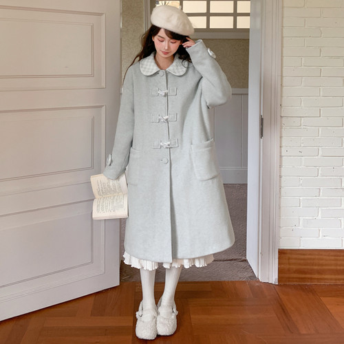 森女部落学院风娃娃领毛呢外套女2025新款设计感拼色宽松大衣冬季