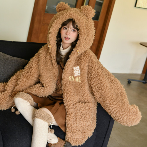 森女部落原创毛绒外套棕色宽松冬