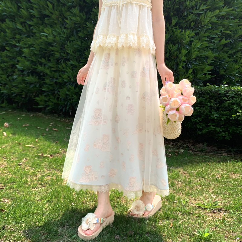 蕾丝花边印花半身裙轻lo纱裙夏女