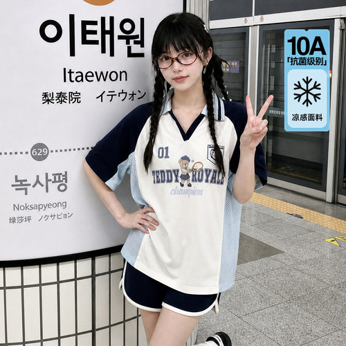 森女部落学院风凉感抗菌T恤女新款小熊印花撞色学生休闲短袖上衣