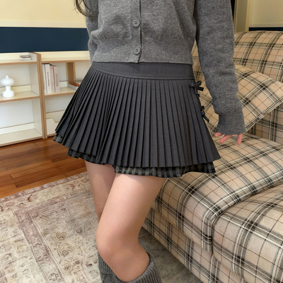 森女部落学院风灰色双层高腰百褶裙女新款拼接设计感百搭半身裙冬