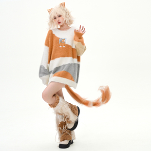 森女部落原创可爱猫咪撞色露肩仿水貂绒软糯毛衣针织衫 女 秋冬新款