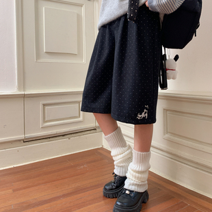 百搭萌狗刺绣直筒中裤 森女部落甜美藏青波点高腰休闲裤 女2025新款