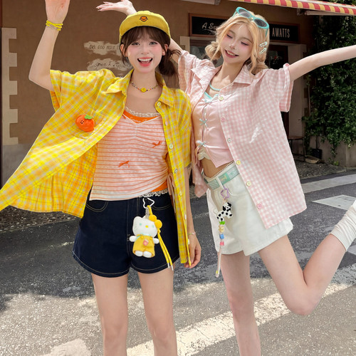 森女部落学院风短袖格子衬衫女款2026新款甜美桃子百搭宽松上衣夏