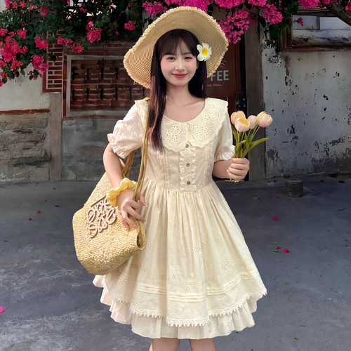 森女部落收腰纯棉甜美短袖连衣裙棉质A字裙日常法式泡泡袖短裙夏