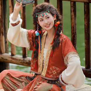 春秋款 森女部落异域印花重工民族风刺绣裙裤 红色套装 新中式 开衫