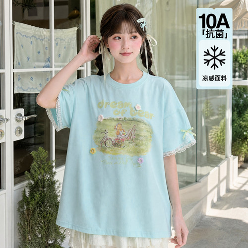 森女部落原创减龄童话印花宽松日常蕾丝花边短袖T恤夏季新款上衣