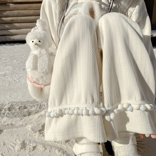 冬 纯色直筒糯米裤 森女部落甜美风百搭肌理感针织高腰休闲裤 女新款