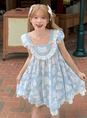 森女部落原创设计感轻lo童趣印花宽松甜美方领连衣裙女2025夏新款