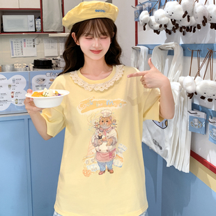森女部落纯棉t恤女2025新款 显瘦宽松上衣卡通印花设计感夏季 短袖