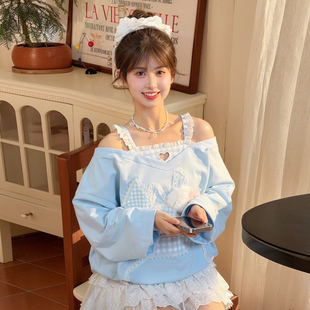春季 森女部落原创甜美少女露肩卫衣女立体小狗设计感2025新款 穿搭
