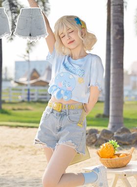 浅蓝色高腰牛仔短裤女夏小个子辣妹外穿阔腿热裤a字裤子森女部落