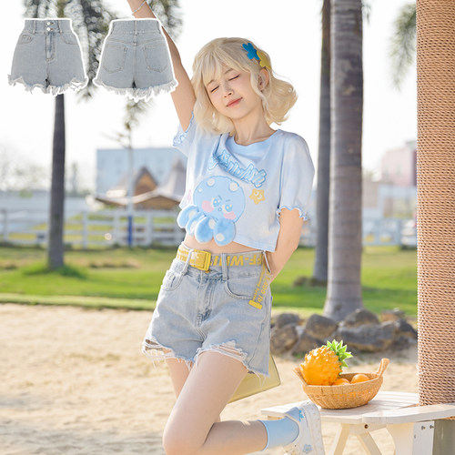 浅蓝色高腰牛仔短裤女外穿阔腿裤