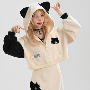 上新限时88折森女部落原创甜美风立体猫耳连帽宽松短款卫衣外套女