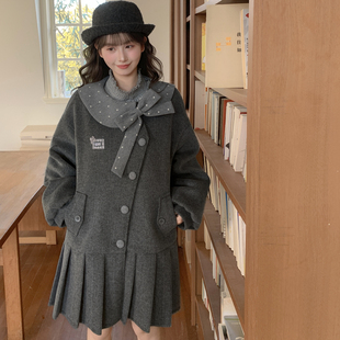 森女部落甜美学院设计感毛呢外套女2026新款 百褶下摆宽松大衣冬季