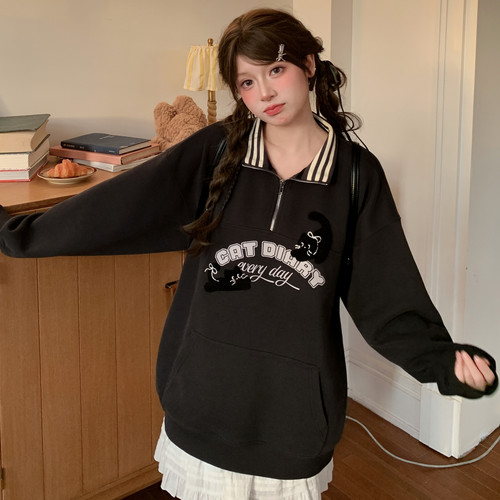 森女部落甜酷风连帽猫咪刺绣卫衣女2026新款宽松显瘦中性百搭上衣