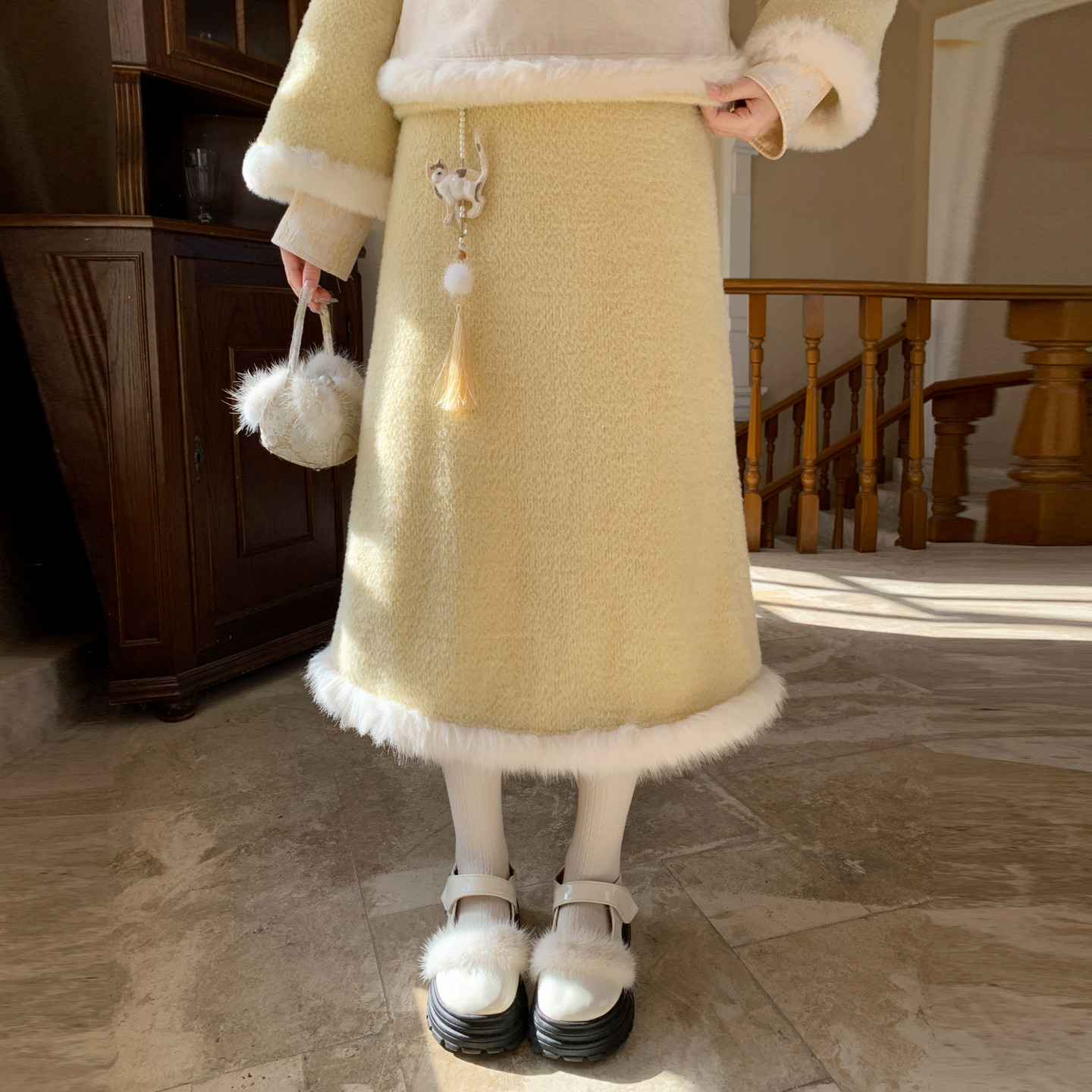 森女部落原创新中式国风半身裙女毛裙边垂感A字裙中长款秋冬裙子