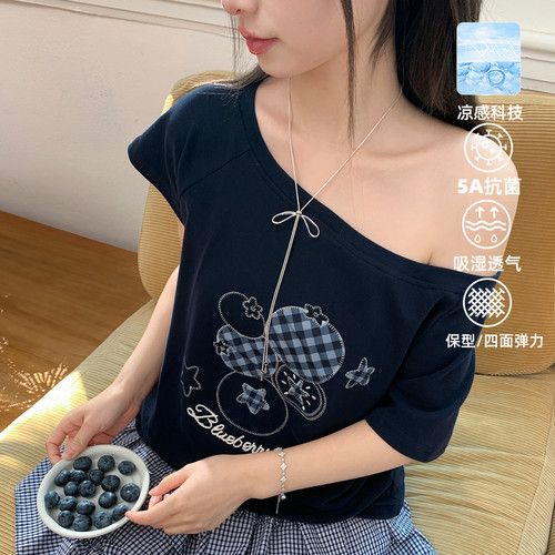 森女部落甜美斜肩露肩纯欲风短袖T恤2026新款刺绣设计感上衣夏季