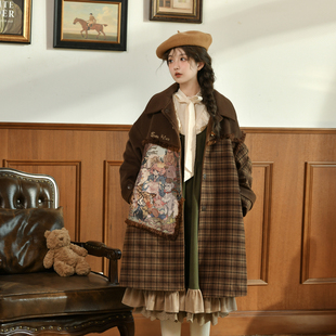 森女部落原创油画风拼接美拉德风毛呢外套格子大衣宽松2026年新款