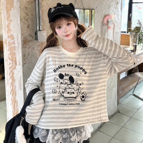 森女部落宽松条纹长袖T恤女可爱风小狗印花早秋叠穿内搭圆领上衣