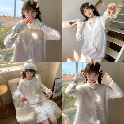 甜美早秋无袖宽松v领针织衫女