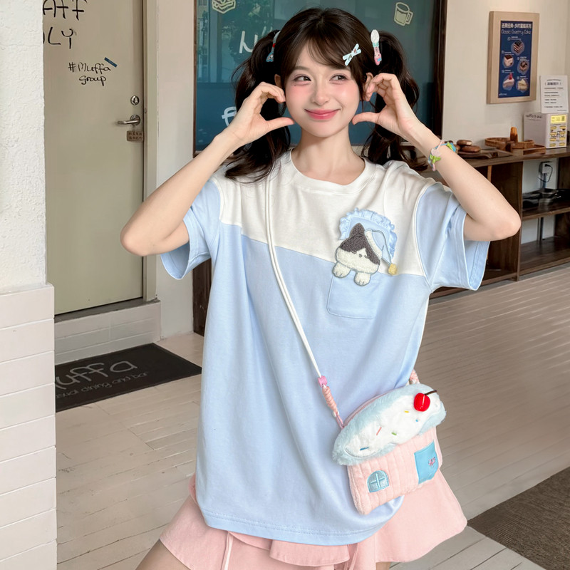 森女部落原创可爱猫咪休闲风宽松短袖上衣夏季新款拼色百搭T恤女,女装/女士精品,T恤,淘宝优惠券,粉丝福利购,淘宝优惠卷