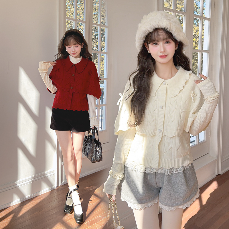 森女部落甜美风百搭针织开衫女2025新款披肩设计感宽松翻领毛衣冬