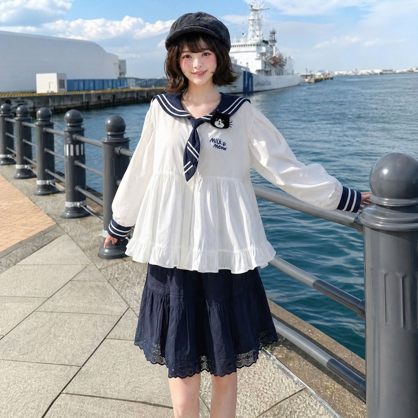 森女部落学院风撞色海军领长袖衬衫女新款可爱奶牛喵刺绣上衣秋季