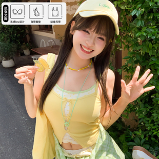 森女部落多巴胺设计感假两件拼接带胸垫外穿夏季 吊带上衣女夏季