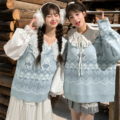 森女部落原创蓝色治愈系奶呼呼针织马甲闺蜜毛衣菱格子女装冬新款
