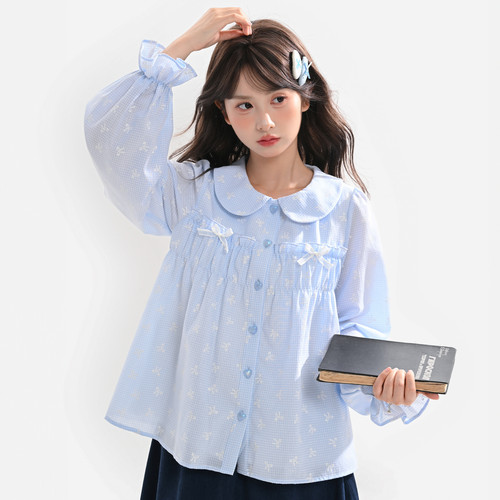 甜美娃娃领长袖衬衫女春蓝色衬衣