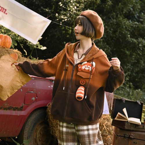 棕色小熊猫加绒连帽卫衣外套秋冬