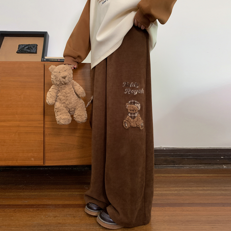 森女部落甜美可爱小熊刺绣灯芯绒休闲裤女新款百搭高腰阔腿裤秋季