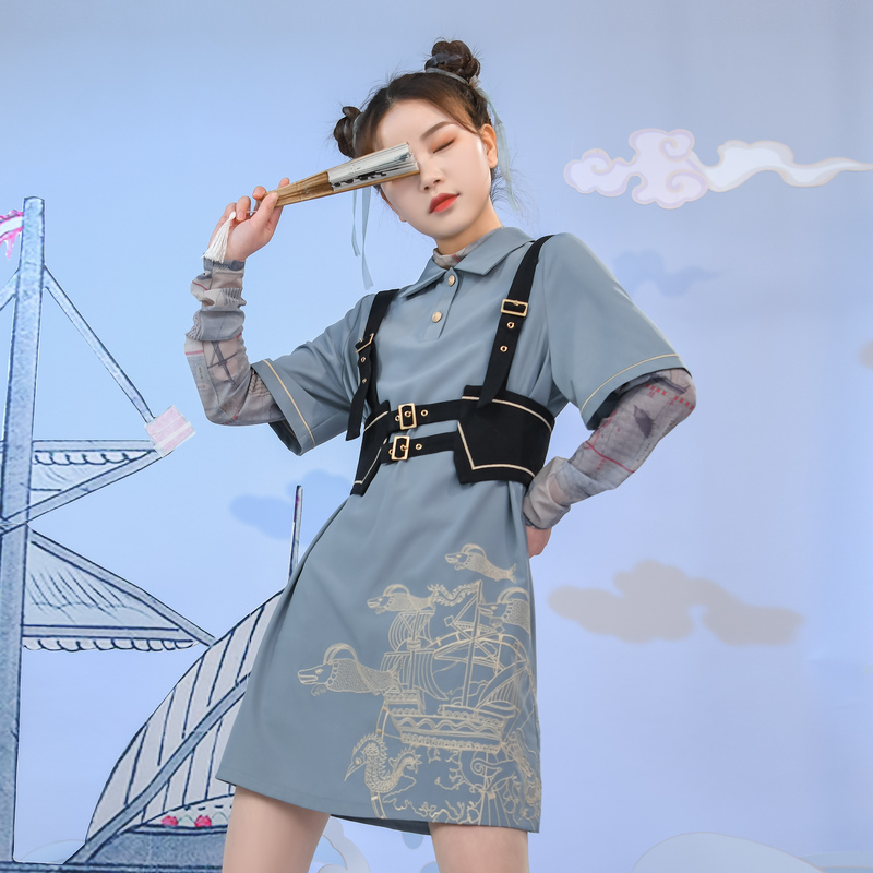 国家宝藏联名原创森女部落万国航征小众束腰衬衫领连衣裙国潮夏季